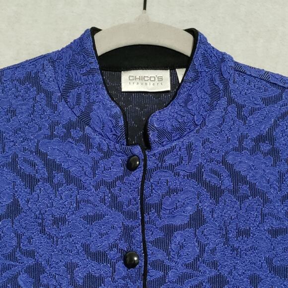 Chicos Travelers Size 0 (Small/4) Jacquard Button Up Blouse Jacket Blue Made USA - Picture 7 of 15